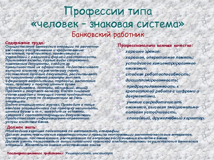 Профессии типа «человек – знаковая система» Банковский работник Содержание труда: Осуществляет банковские операции по