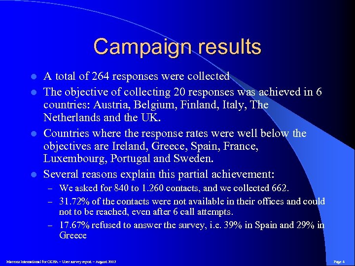 Campaign results A total of 264 responses were collected l The objective of collecting