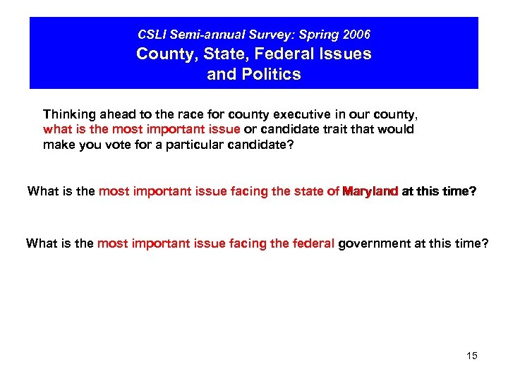 CSLI Semi-annual Survey: Spring 2006 County, State, Federal Issues and Politics Thinking ahead to