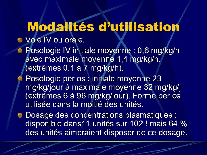 Modalités d’utilisation Voie IV ou orale. Posologie IV initiale moyenne : 0, 6 mg/kg/h