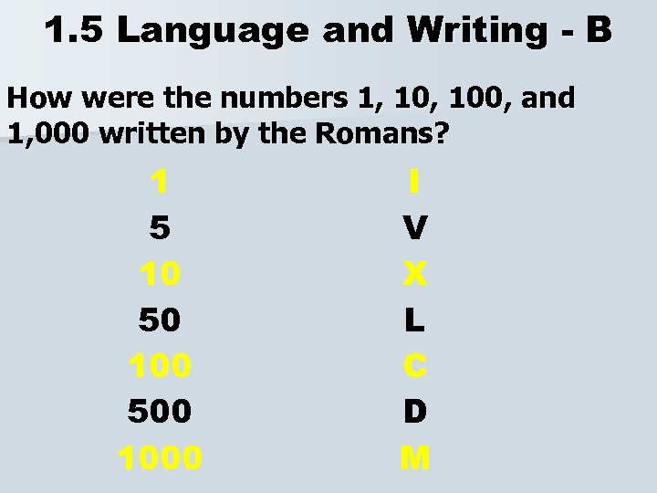 1. 5 Language and Writing - B How were the numbers 1, 100, and