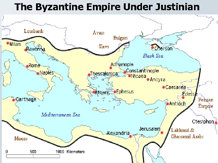The Byzantine Empire Under Justinian This map depicts the Empire at the death of