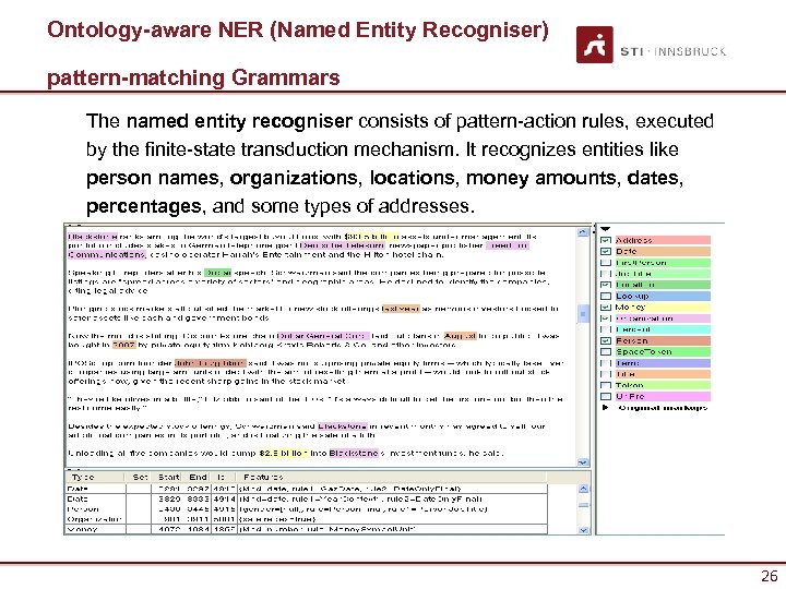 Ontology-aware NER (Named Entity Recogniser) pattern-matching Grammars The named entity recogniser consists of pattern-action