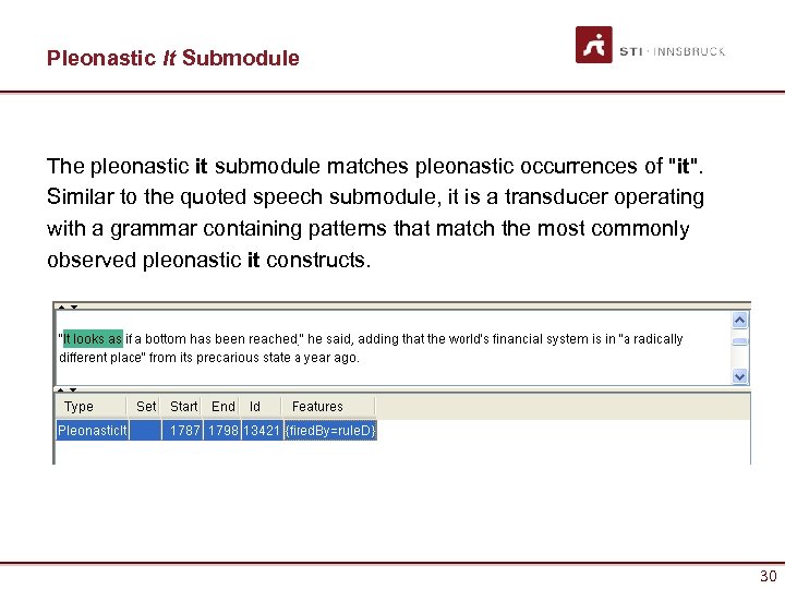 Pleonastic It Submodule The pleonastic it submodule matches pleonastic occurrences of "it". Similar to