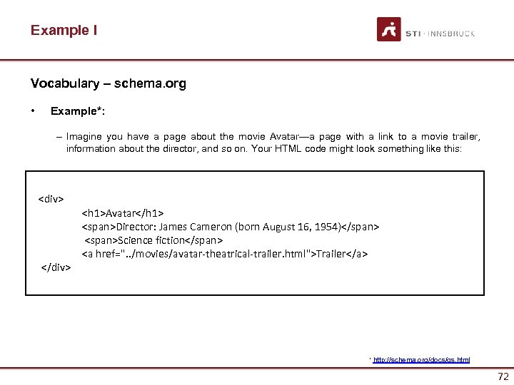 Example I Vocabulary – schema. org • Example*: – Imagine you have a page