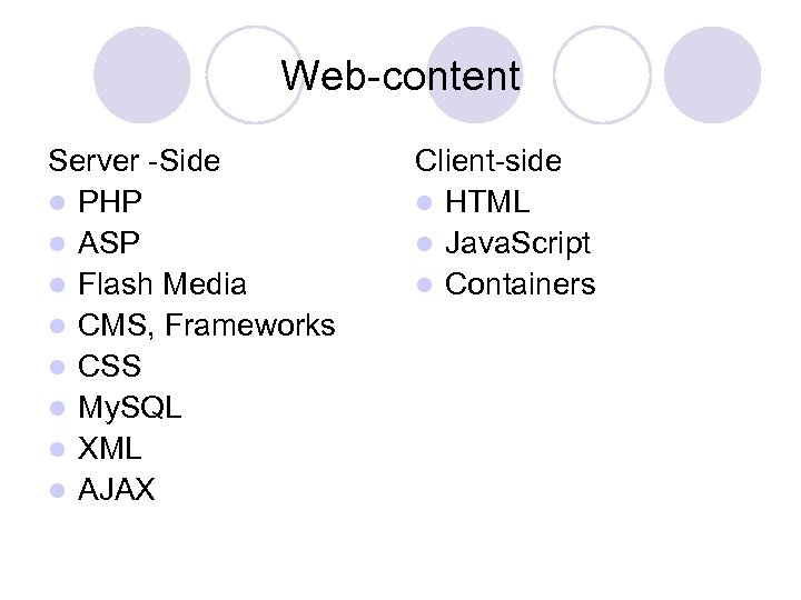 Web-content Server -Side l PHP l ASP l Flash Media l CMS, Frameworks l