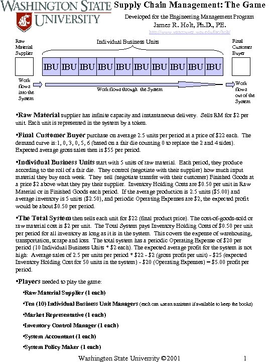 Supply Chain Management: The Game Developed for the Engineering Management Program James R. Holt,
