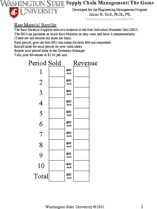 Supply Chain Management: The Game Developed for the Engineering Management Program James R. Holt,