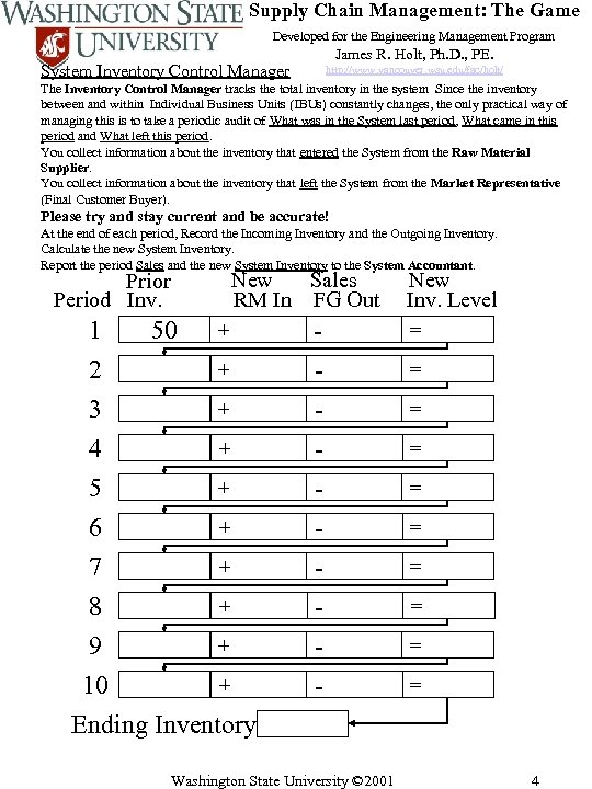 Supply Chain Management: The Game Developed for the Engineering Management Program James R. Holt,