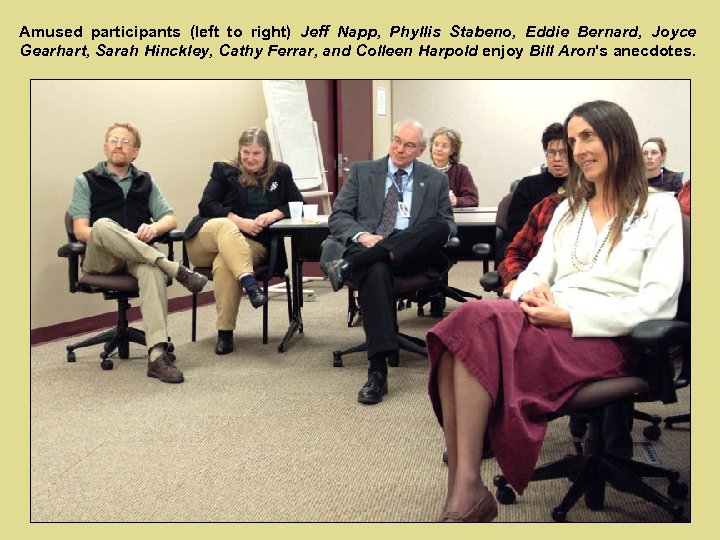 Amused participants (left to right) Jeff Napp, Phyllis Stabeno, Eddie Bernard, Joyce Gearhart, Sarah