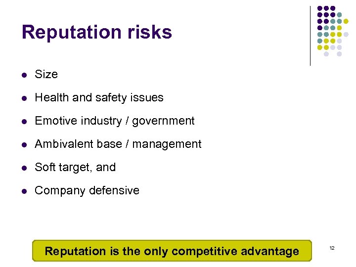 Reputation risks l Size l Health and safety issues l Emotive industry / government