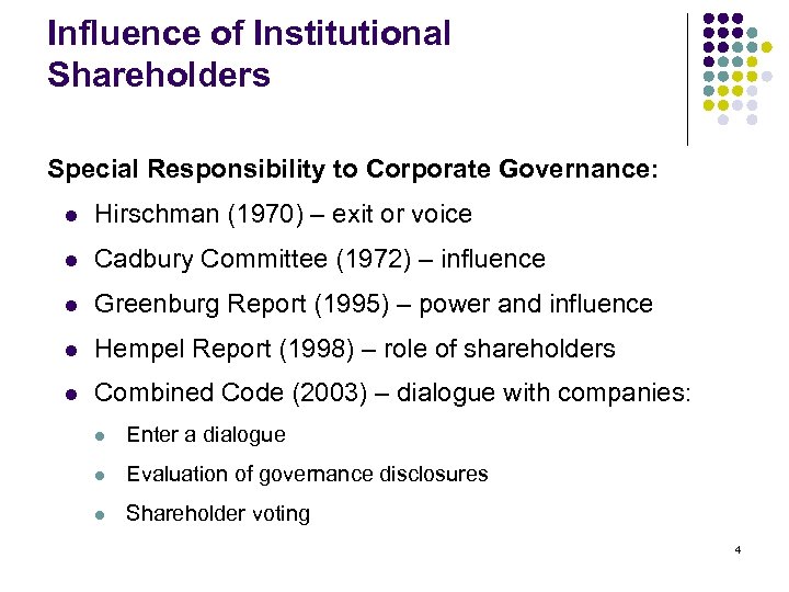 Influence of Institutional Shareholders Special Responsibility to Corporate Governance: l Hirschman (1970) – exit