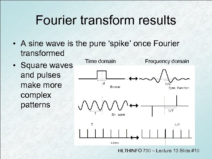 Fourier transform results • A sine wave is the pure ‘spike’ once Fourier transformed