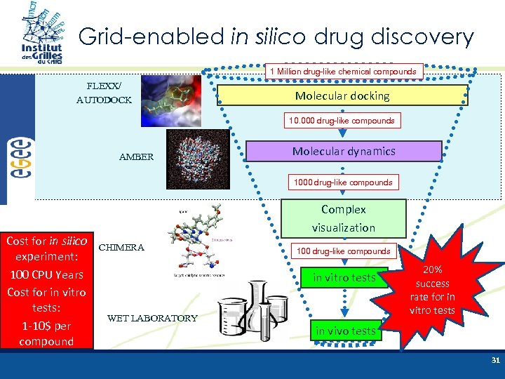 Grid-enabled in silico drug discovery 1 Million drug-like chemical compounds FLEXX/ AUTODOCK Molecular docking