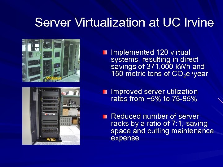 Server Virtualization at UC Irvine Without Implemented 120 virtual systems, resulting in direct savings