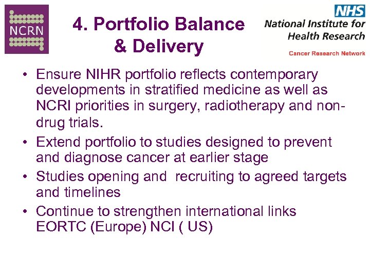 4. Portfolio Balance & Delivery • Ensure NIHR portfolio reflects contemporary developments in stratified