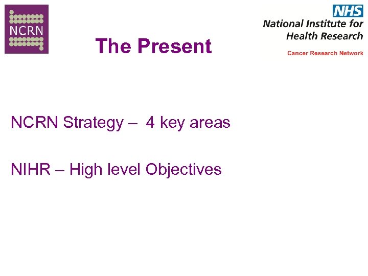 The Present NCRN Strategy – 4 key areas NIHR – High level Objectives 