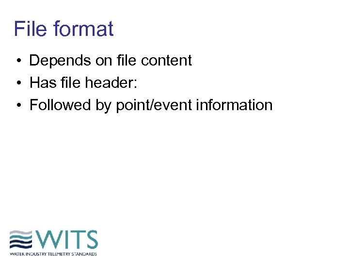 File format • Depends on file content • Has file header: • Followed by