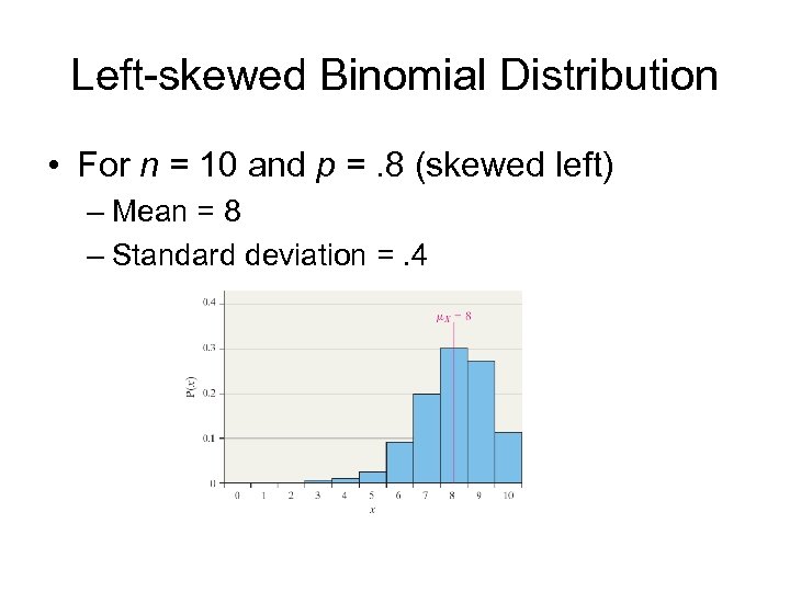 Left-skewed Binomial Distribution • For n = 10 and p =. 8 (skewed left)