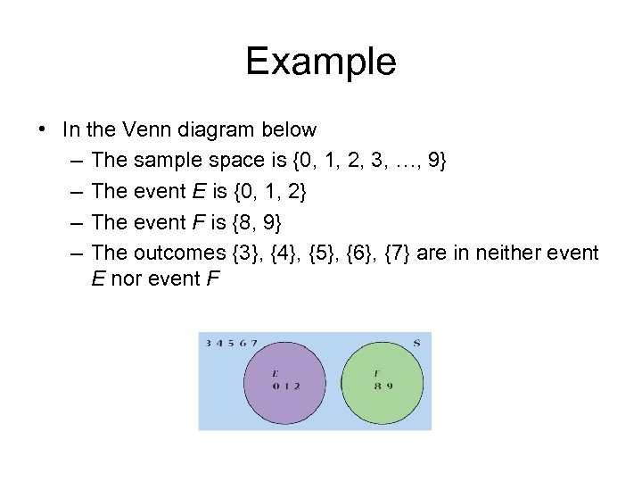 Example • In the Venn diagram below – The sample space is {0, 1,