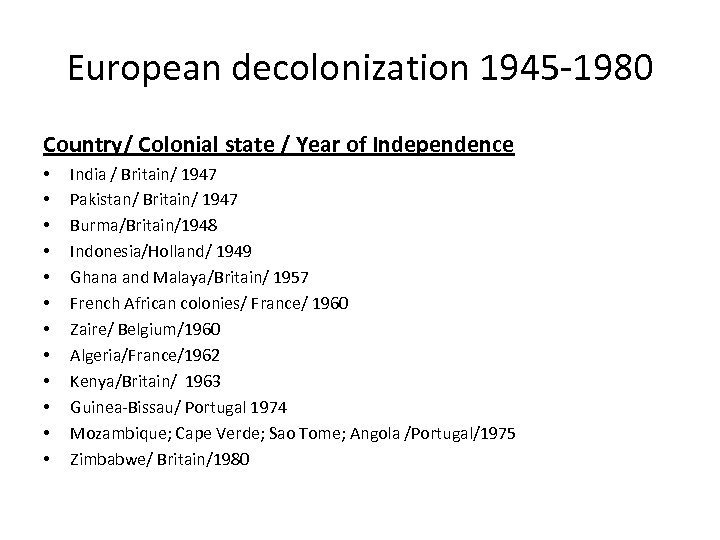 European decolonization 1945 -1980 Country/ Colonial state / Year of Independence • • •
