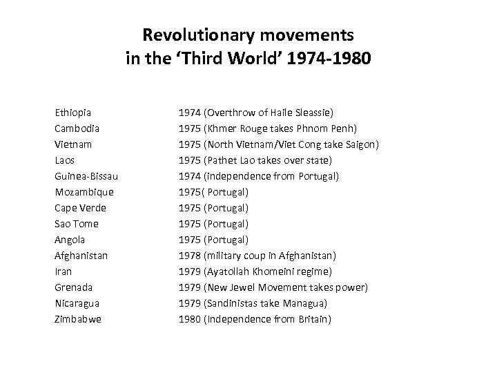 Revolutionary movements in the ‘Third World’ 1974 -1980 Ethiopia Cambodia Vietnam Laos Guinea-Bissau Mozambique