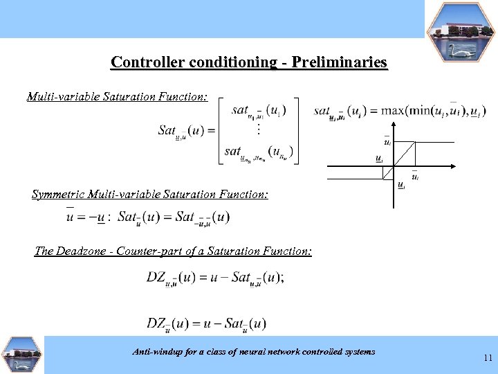 Controller conditioning - Preliminaries Multi-variable Saturation Function: Symmetric Multi-variable Saturation Function: The Deadzone -