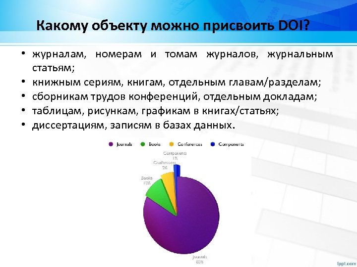 Какому объекту можно присвоить DOI? • журналам, номерам и томам журналов, журнальным статьям; •