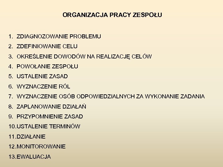 ORGANIZACJA PRACY ZESPOŁU 1. ZDIAGNOZOWANIE PROBLEMU 2. ZDEFINIOWANIE CELU 3. OKREŚLENIE DOWODÓW NA REALIZACJĘ