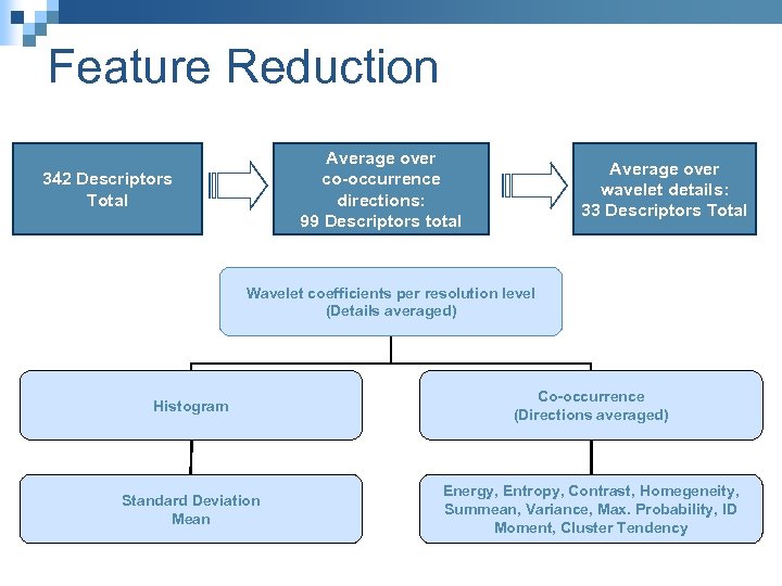 Feature Reduction Average over co-occurrence directions: 99 Descriptors total 342 Descriptors Total Average over