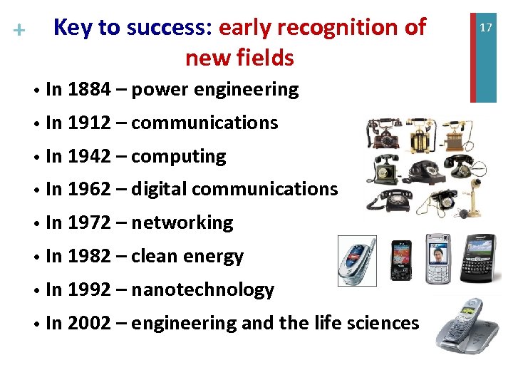 + Key to success: early recognition of new fields • In 1884 – power
