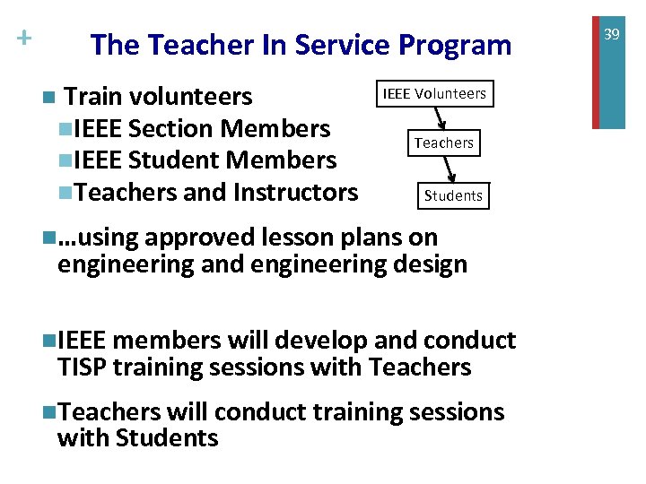 + The Teacher In Service Program n Train volunteers n. IEEE Section Members n.