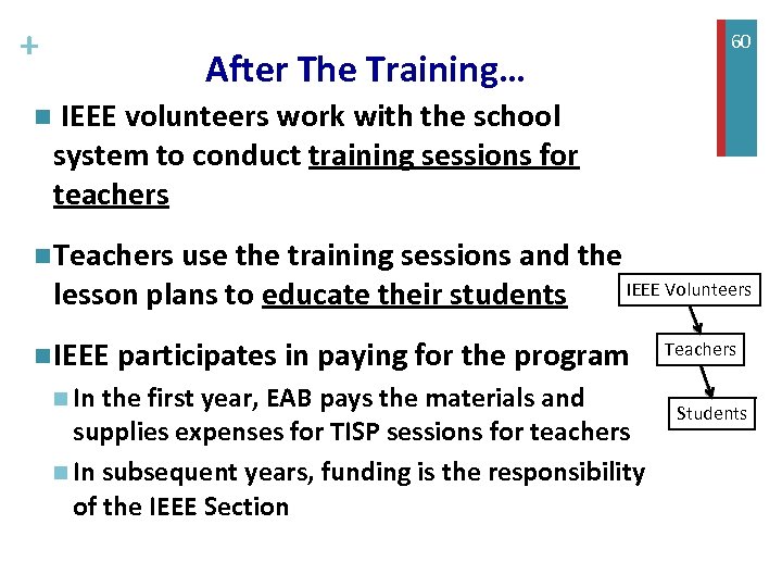 + n 60 After The Training… IEEE volunteers work with the school system to