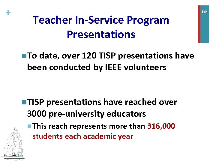 + Teacher In-Service Program Presentations n. To date, over 120 TISP presentations have been