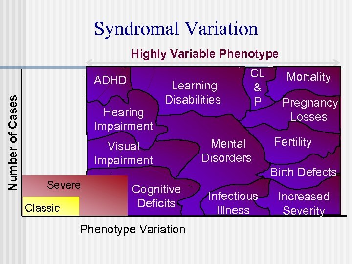 Syndromal Variation Highly Variable Phenotype Number of Cases ADHD Hearing Impairment Learning Disabilities Visual