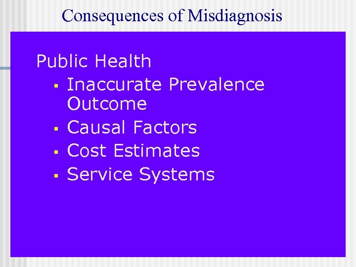 Consequences of Misdiagnosis Public Health § Inaccurate Prevalence Outcome § Causal Factors § Cost