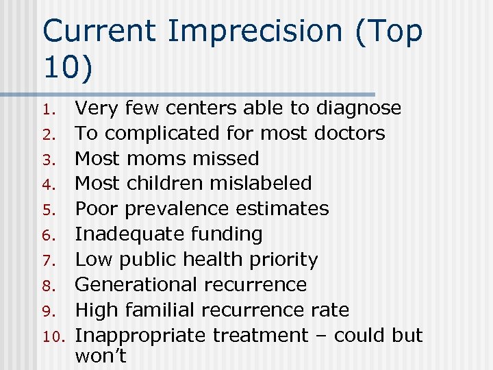 Current Imprecision (Top 10) 1. 2. 3. 4. 5. 6. 7. 8. 9. 10.