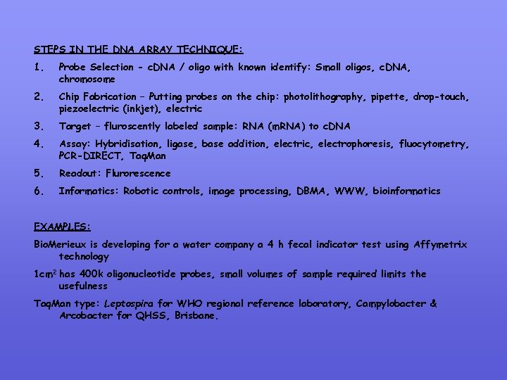 STEPS IN THE DNA ARRAY TECHNIQUE: 1. Probe Selection - c. DNA / oligo