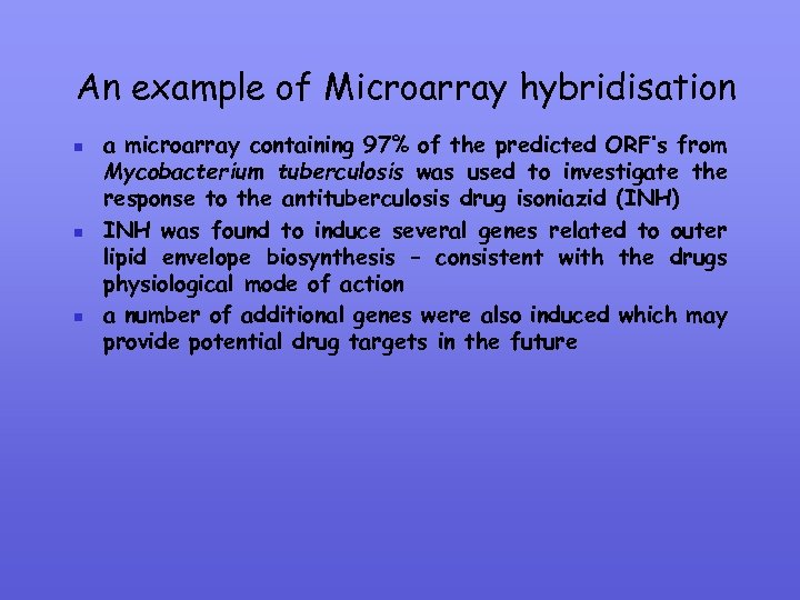 An example of Microarray hybridisation n a microarray containing 97% of the predicted ORF’s