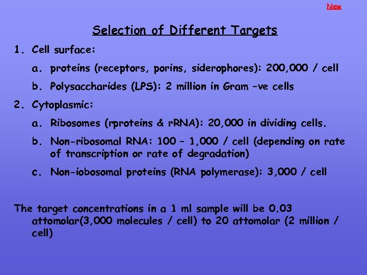 New Selection of Different Targets 1. Cell surface: a. proteins (receptors, porins, siderophores): 200,