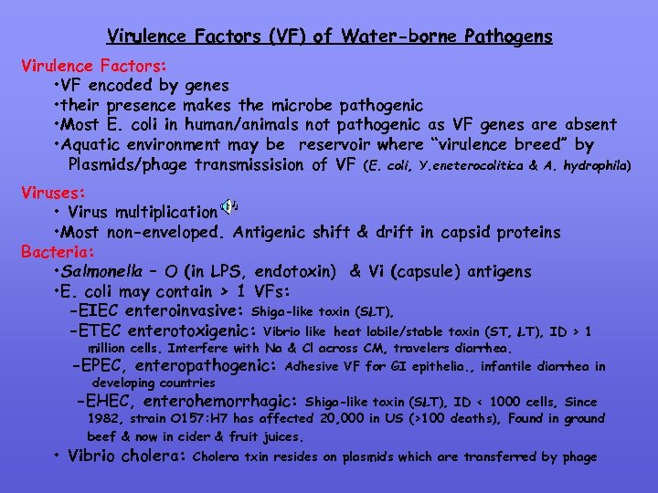 Virulence Factors (VF) of Water-borne Pathogens Virulence Factors: • VF encoded by genes •