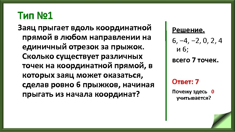 Тип № 1 Заяц прыгает вдоль координатной прямой в любом направлении на единичный отрезок