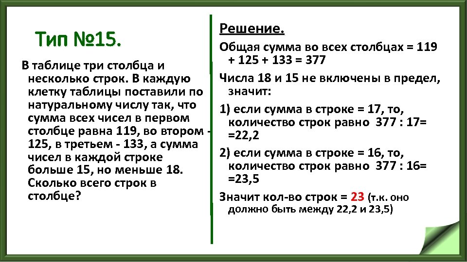 Тип № 15. Решение. Общая сумма во всех столбцах = 119 + 125 +