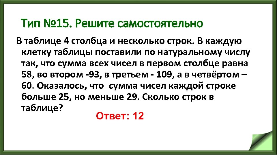 Тип № 15. Решите самостоятельно В таблице 4 столбца и несколько строк. В каждую