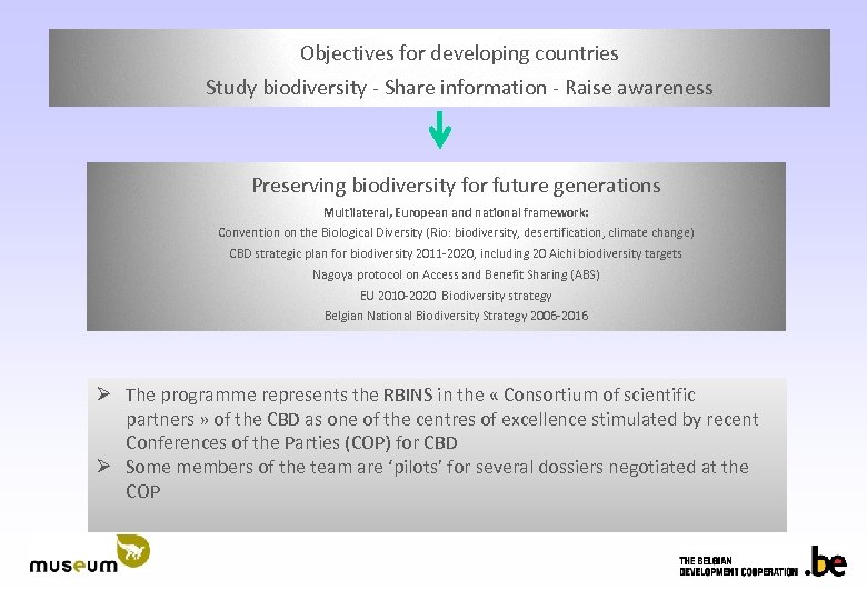 Objectives for developing countries Study biodiversity - Share information - Raise awareness Preserving biodiversity