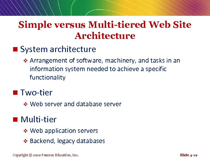 Simple versus Multi-tiered Web Site Architecture n System architecture v Arrangement of software, machinery,