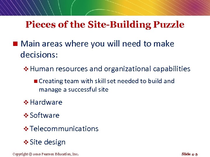 Pieces of the Site-Building Puzzle n Main areas where you will need to make