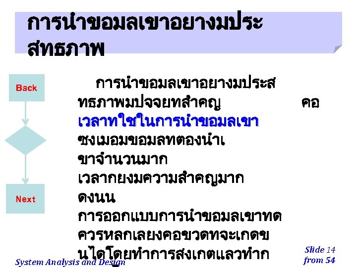 การนำขอมลเขาอยางมประ สทธภาพ การนำขอมลเขาอยางมประส ทธภาพมปจจยทสำคญ เวลาทใชในการนำขอมลเขา ซงเมอมขอมลทตองนำเ ขาจำนวนมาก เวลากยงมความสำคญมาก Next ดงนน การออกแบบการนำขอมลเขาทด ควรหลกเลยงคอขวดทจะเกดข นไดโดยทำการสงเกตแลวทำก System