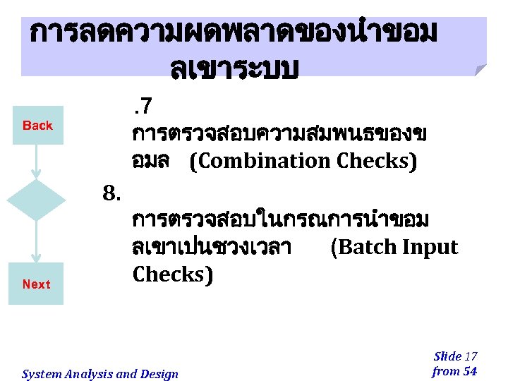 การลดความผดพลาดของนำขอม ลเขาระบบ. 7 การตรวจสอบความสมพนธของข อมล (Combination Checks) Back 8. Next การตรวจสอบในกรณการนำขอม ลเขาเปนชวงเวลา (Batch Input
