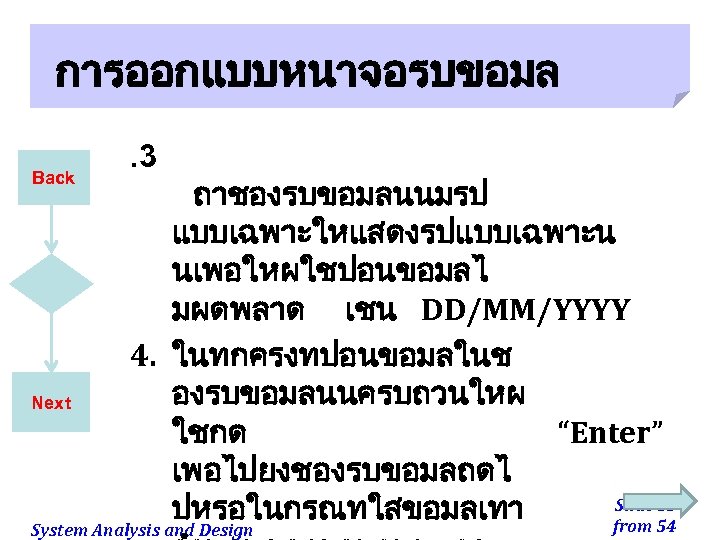 การออกแบบหนาจอรบขอมล Back . 3 ถาชองรบขอมลนนมรป แบบเฉพาะใหแสดงรปแบบเฉพาะน นเพอใหผใชปอนขอมลไ มผดพลาด เชน DD/MM/YYYY 4. ในทกครงทปอนขอมลในช องรบขอมลนนครบถวนใหผ Next